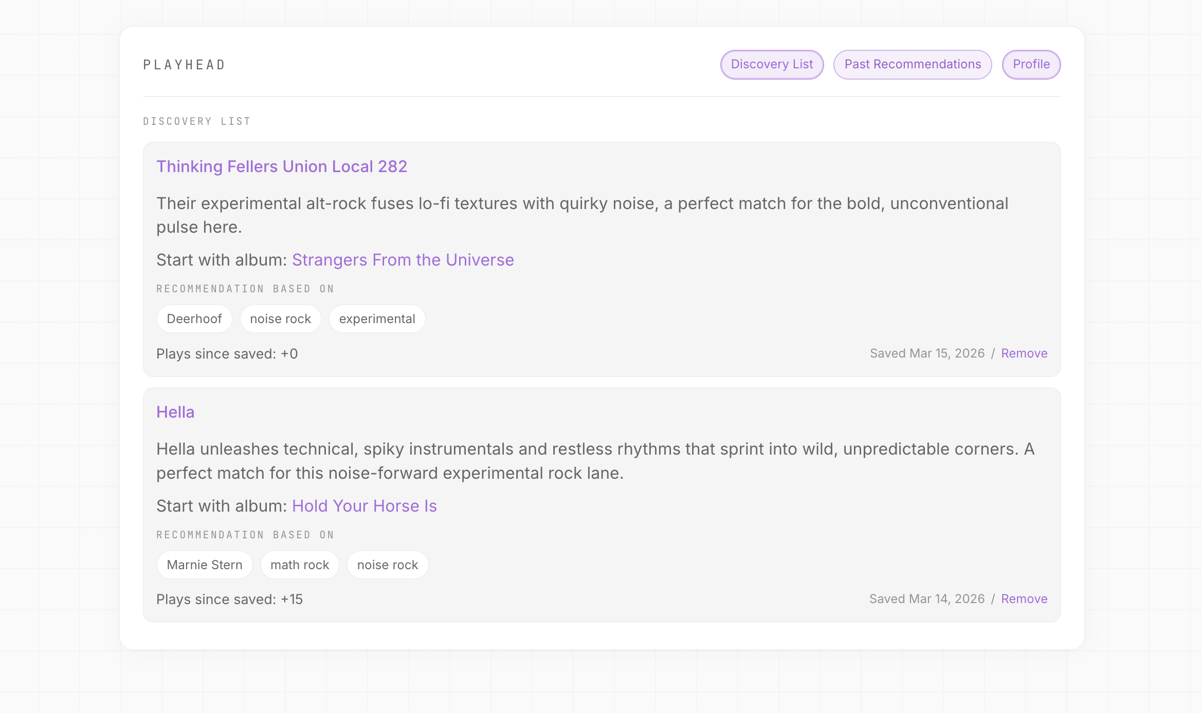 The Discovery List — saved artists with play tracking, album suggestions, and context from the original recommendation